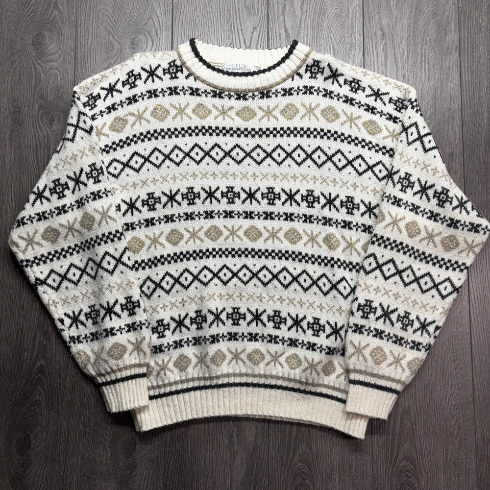 Vintage Club International Mens XL Fair Isle Knit Sweater Cream Black Cottage